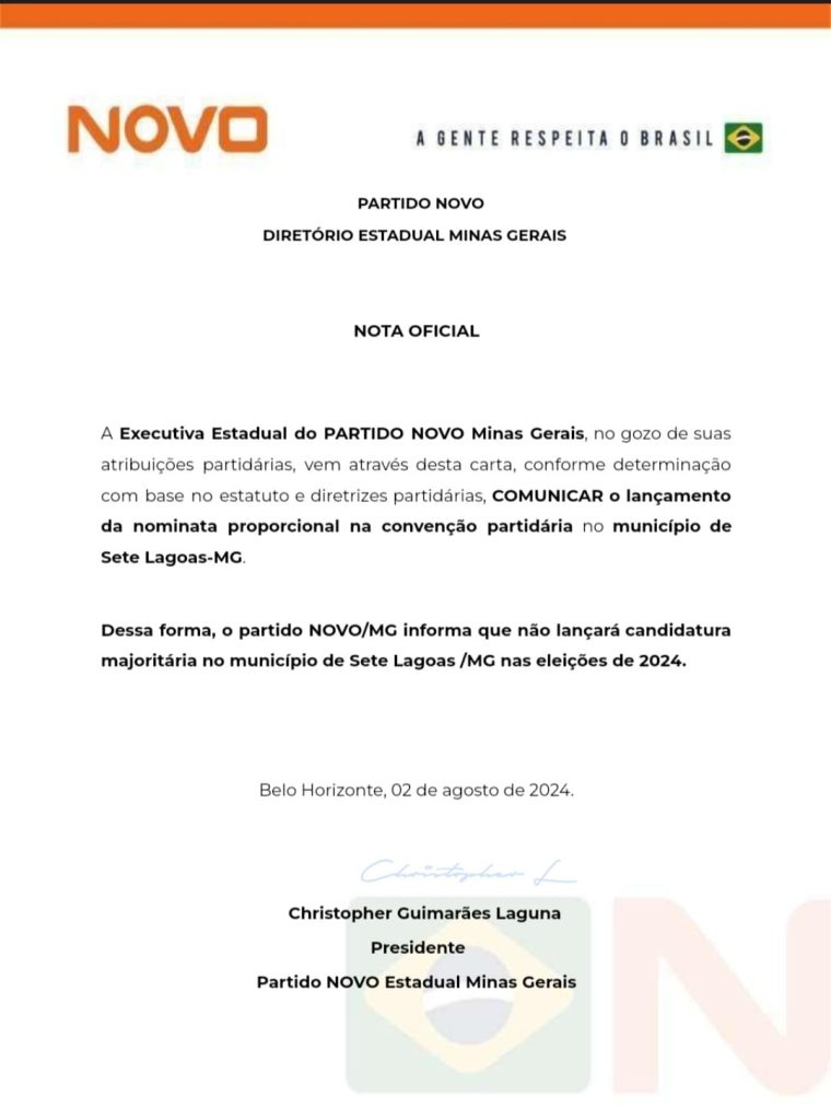 Diretório Estadual do Partido Novo barra candidatura de Juninho Sinonô em Sete Lagoas